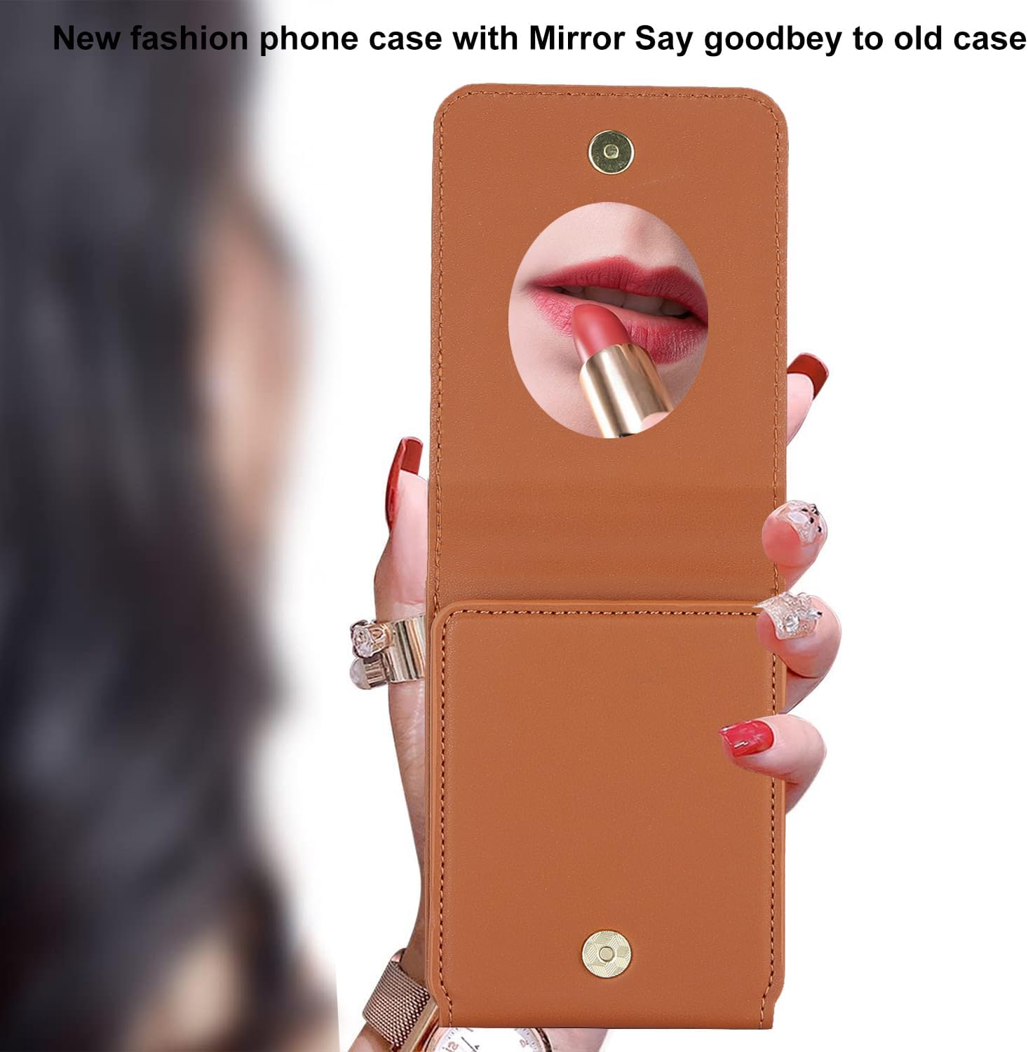 SHIEID Galaxy Z Flip 4 Leather Case with Card Holder, Slim Flip 4 Case with Mirror, Drop-Proof Z Flip4 Case with Leather Ring, Compatible with Samsung Galaxy Z Flip 4 Case, Rose Gold