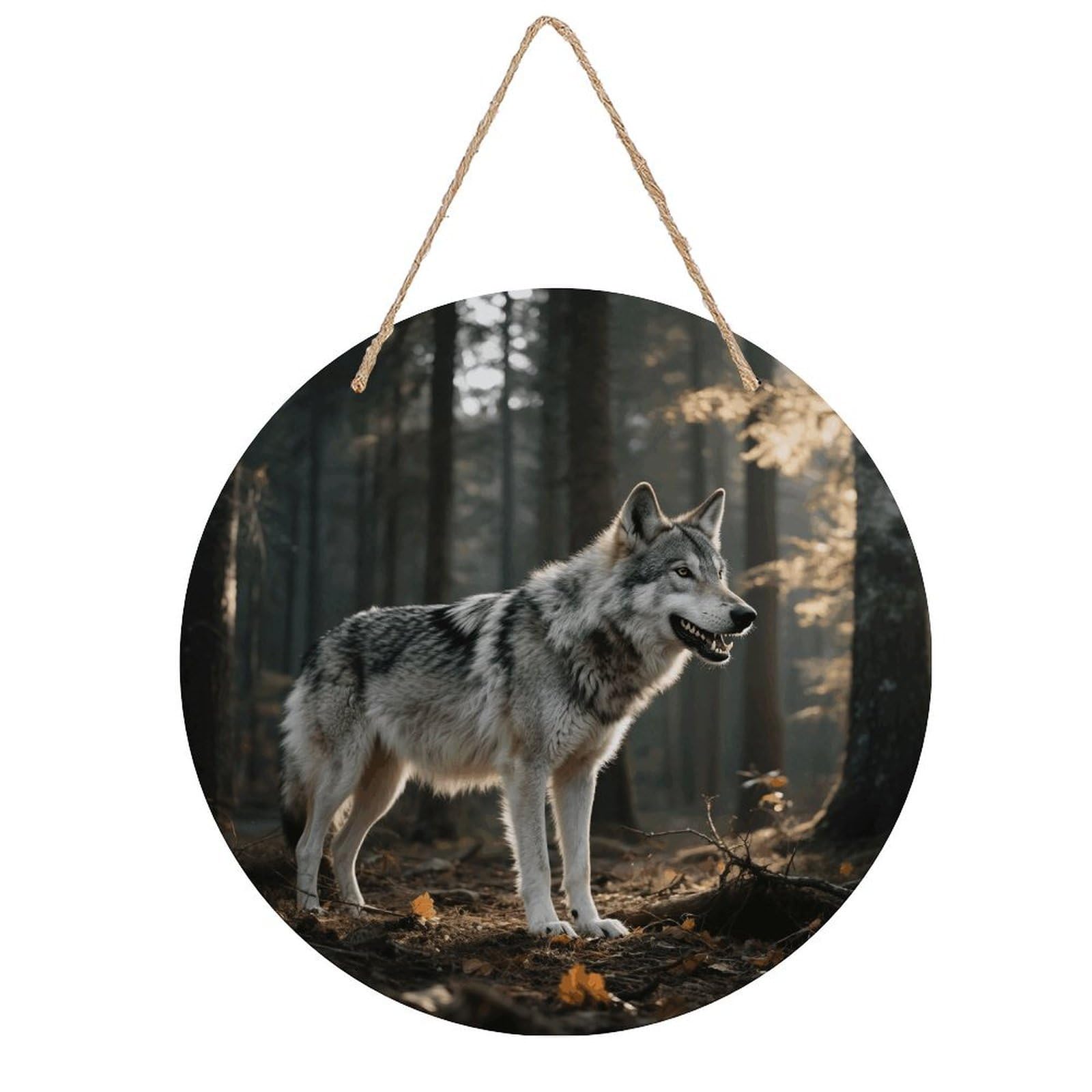 VstaDank Wolf Wall Decor Round Wood Hanging Sign 7.9x7.9 in Wooden Circle Door Hanger with Ropes, Rustic Wall Art Decor for Home Front Door Indoor Outdoor Decoration