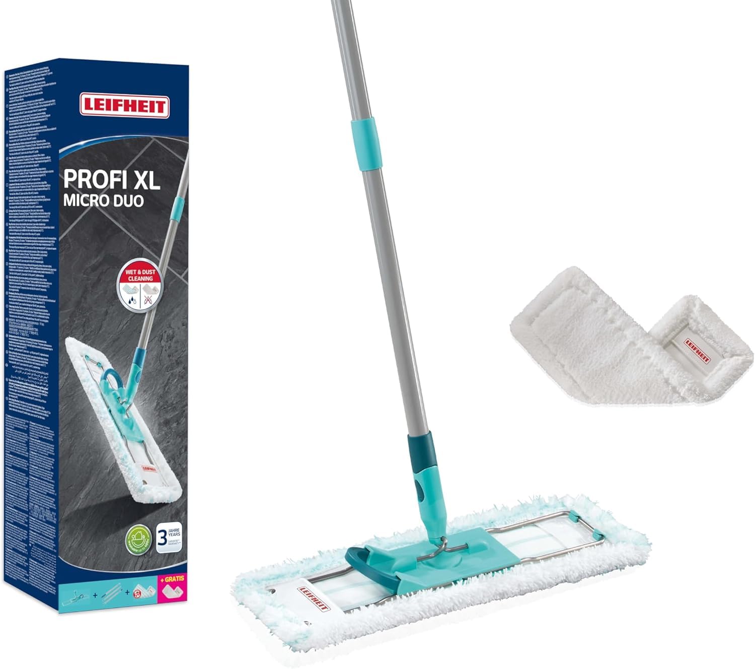 Leifheit Bodenwischer Profi XL mit 2 Wischbezügen, 1x Mikrofaser Bezug für alle glatten Böden und 1x SUPERDUSTER XL Staubmop, Stahlstiel 146cm, Wischbreite 42cm