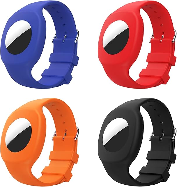 MoKo 4 Pack Wristband Compatible with Apple AirTag 2021, Soft Silicone Adjustable Watch Strap Bracelet with Transparent Protective Case for Kids Children, Black/Dark Blue/Red/Orange