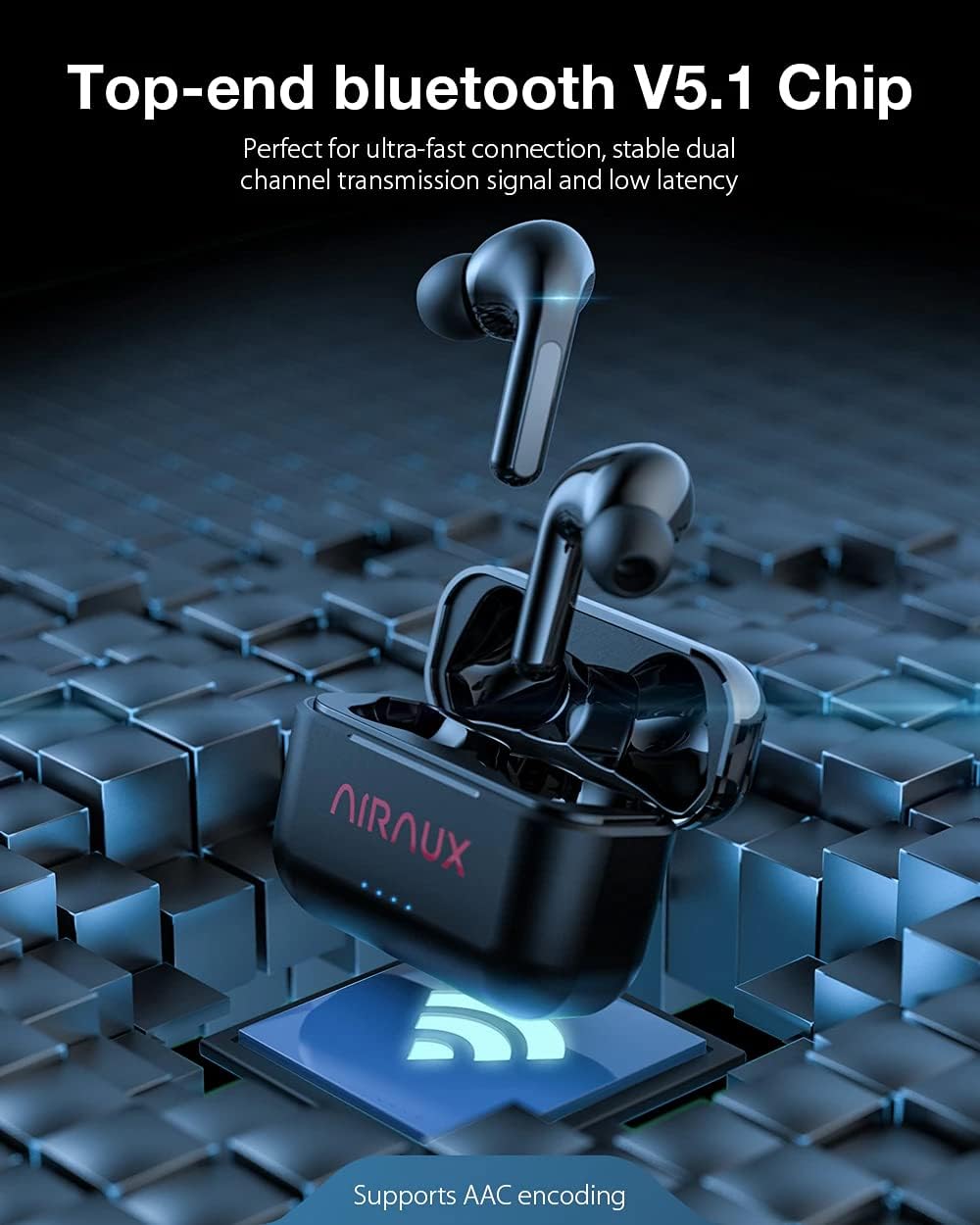 AIRAUX AA-UM8 earbuds and charging case with Bluetooth V5.1 chip illustration