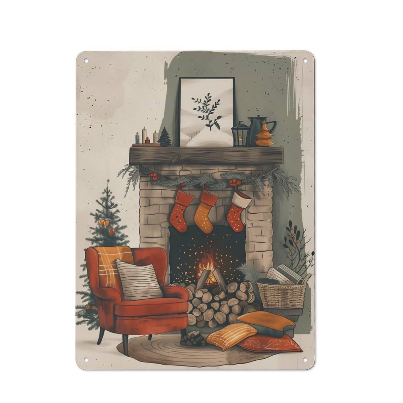 Junmoney Cozy Fireplace Christmas Scene Vintage Tin Wall Plaque 40X30cm For Hallway Wall, For Kitchen, Dining Room And Home Bar Wall Decor