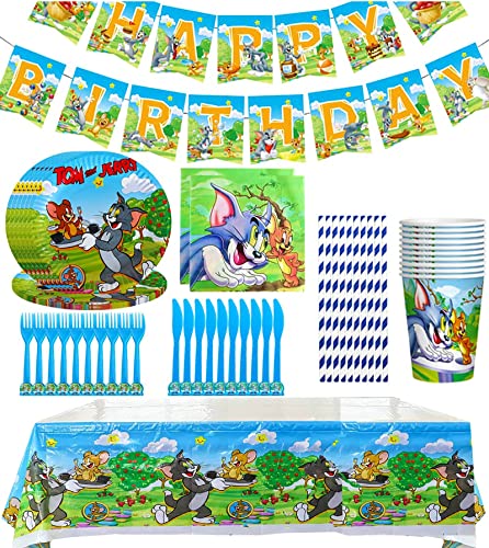 Vaisselle de Fête Anniversaire Tom and Jerry 72PCS, Kit Decoration Anniversaire Tom et Jerry, Décoration Deco Anniversaire Tom et Jerry, Assiettes Tasses Table Nappe pour 10 Enfants Cover