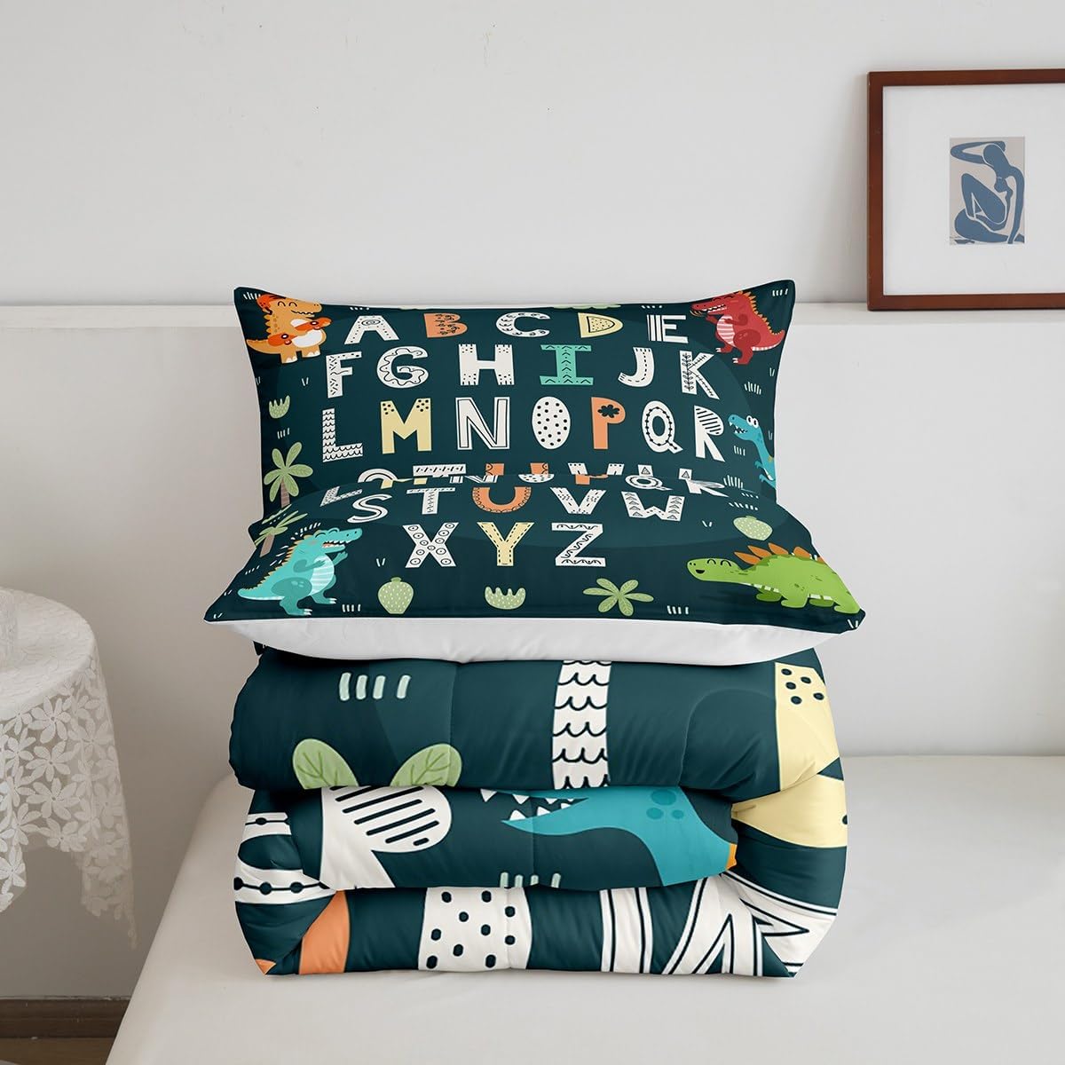 Feelyou Alphabet Kids ABC Learning Bedding Set Twin Size, Cartoon Dino Comforter Kids Educational Nursery Art Comforter Set for Boys Girls Jungle Dino Duvet Set Durable Bed Set 2Pcs