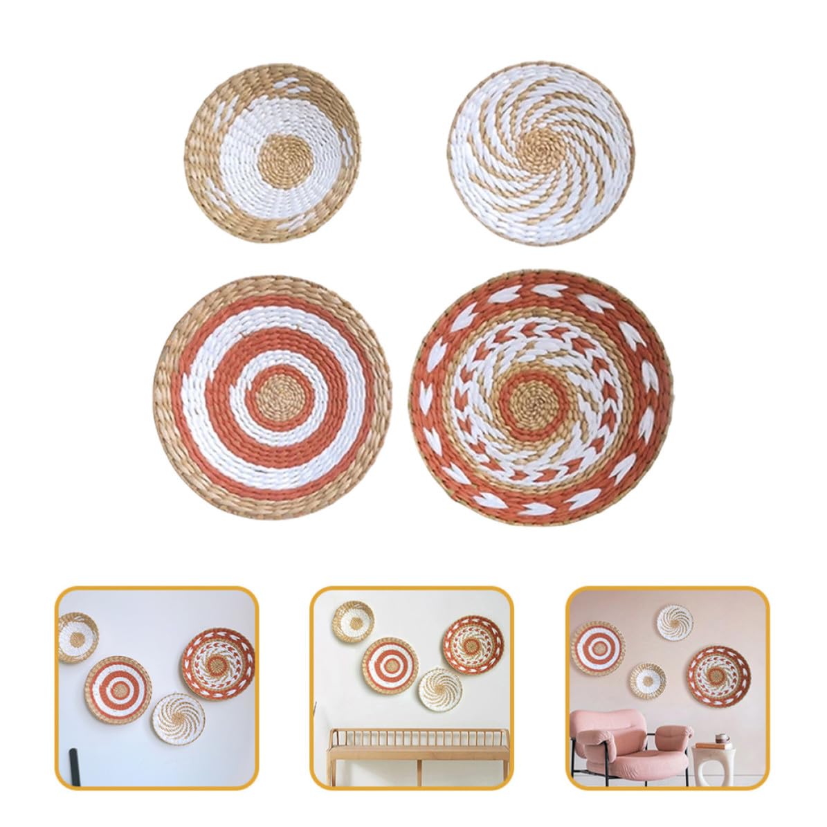 Juego de 4 Placas Redondas Tejidas a Mano Estilo Bohemio Trenza de Paja para Decoración de Pared en Dormitorios y Oficinas, Resistente Desvanecerse