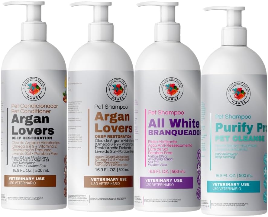 MANZZ Professional Pet Shampoo Set – Purify Pro, All White, Argan Lovers & Conditioner – Deep Cleansing, Brightening & Hydration System for Dogs & Cats – 500ml Each