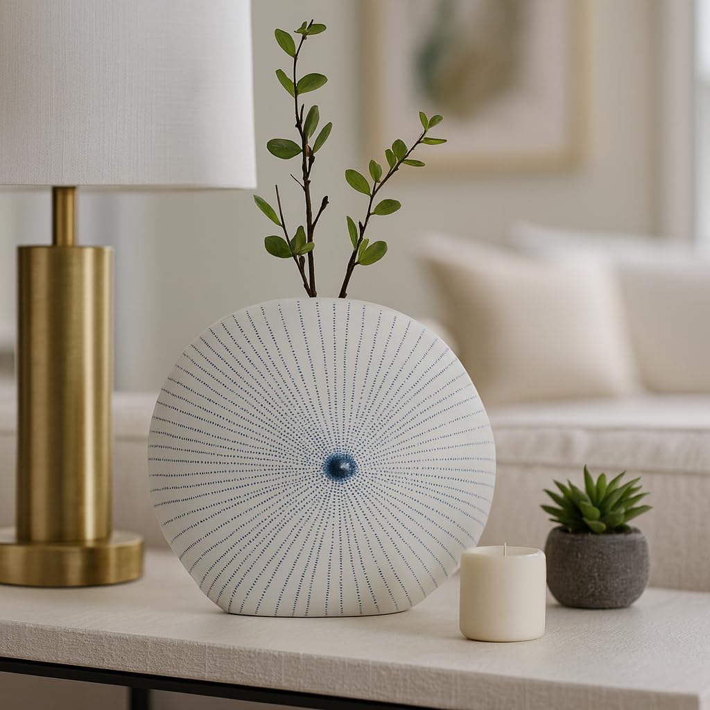 Ceramic Shell Vase with Dotted Pattern for Living Room Decor and Home Accents - Decorative Flower Vase for Room, Bedroom, or Office Display - Perfect for House and Table Styling - 9", White & Blue