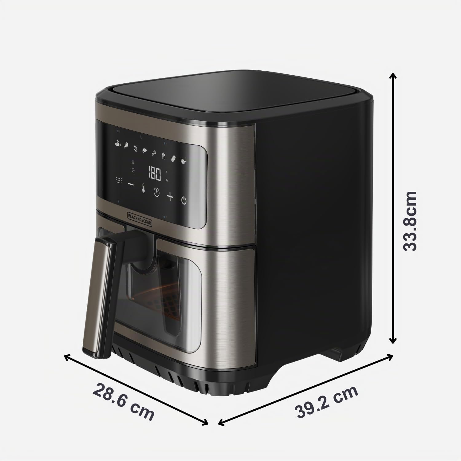 Black+Decker – Friggitrice ad aria senza olio BXAF2501E | 1600 W | 6,5 L | 8 programmi | Display touch | Temperatura 80–200 °C | Finestra di controllo | Cottura uniforme | Timer | Avvisatore acustico