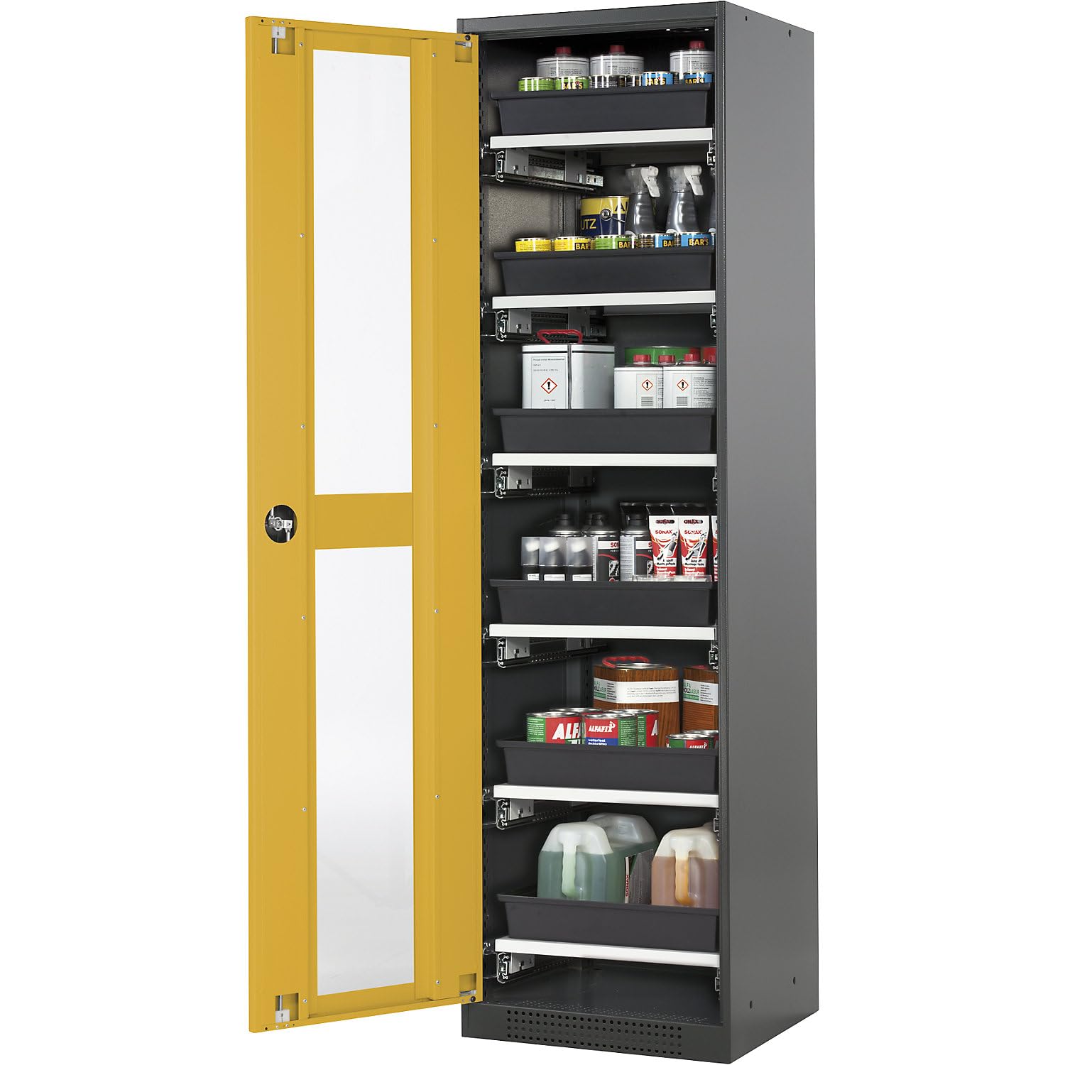 asecos | Armoire de Laboratoire pour Produits Chimiques | 1 Porte | Armoire Haute | 6 tablettes coulissantes | avec vitre | Jaune