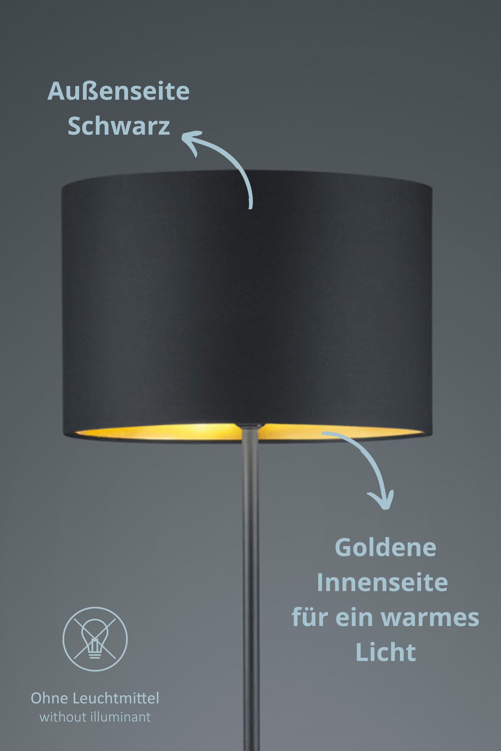 Stehlampe Benny mit Schirm aus Stoff in Schwarz, Innenseite Gold, Korpus Metall schwarz, Stehleuchte für Wohnzimmer, Schlafzimmer etc., exkl. 1x E27 (max. 60W). Höhe: 160cm, Ø 35 cm