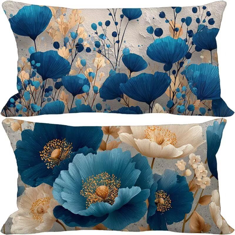 Housses de coussin 50 x 70 bleu lin imperméable canapé extérieur jardin fleur