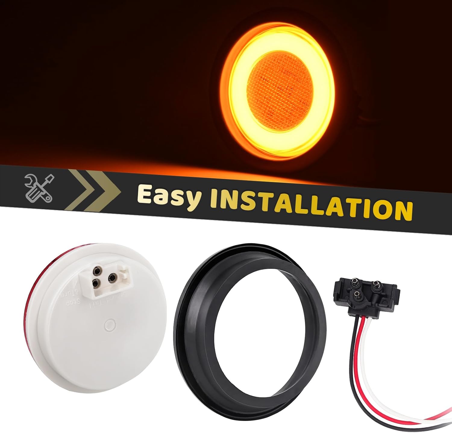 2pcs Smoked Lens 4 inch Round Amber 64 LEDs Trailer Trucks Halo Parking Turn Signal Tail Lights w/Rubber Grommet Sealed Waterproof IP67 For RV/Van, DC 12V
