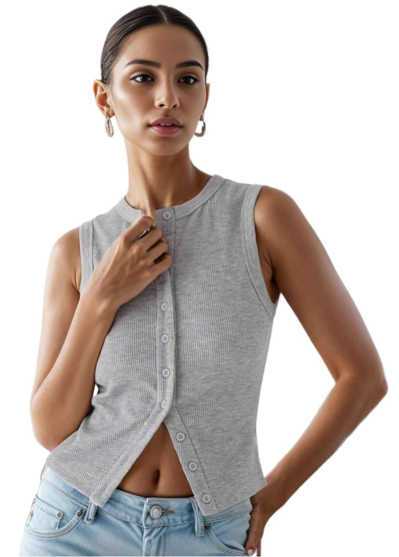 Womens Button Down Tank Tops Ribbed Summer Going Out Crop Vest Slim Fit Sleeveless, Crew Neck Tops, Y2k Cute Trendy Vacation, Casual Concert Top, 2026 Night Club Rave Outfits Daily