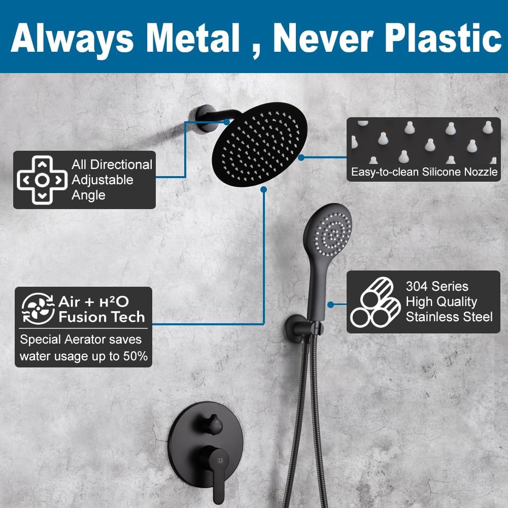 POP SANITARYWARE Matte Black Shower Faucet Set, 8 Inch Rainfall Shower Head and Handle Set, Bathroom Rain Shower System, Wall Mounted Shower Fixtures, Include Shower Valve and Trim Kit