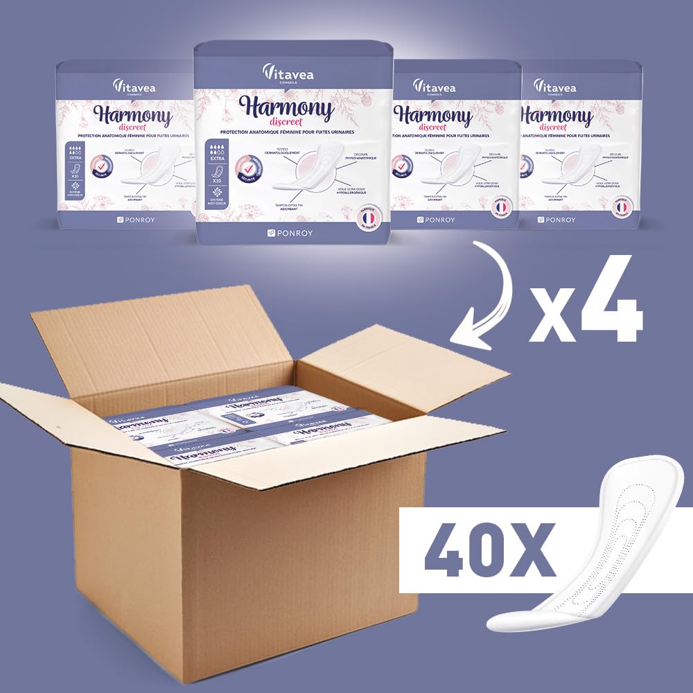 40 Serviettes Hygiéniques Incontinence Femme - Protection Urinaire Femme - Serviette Post Accouchement - Absorbante & Anti-Odeur - Fabriqué en France - 6 Gouttes - Pack 1 mois - Harmony Discreet