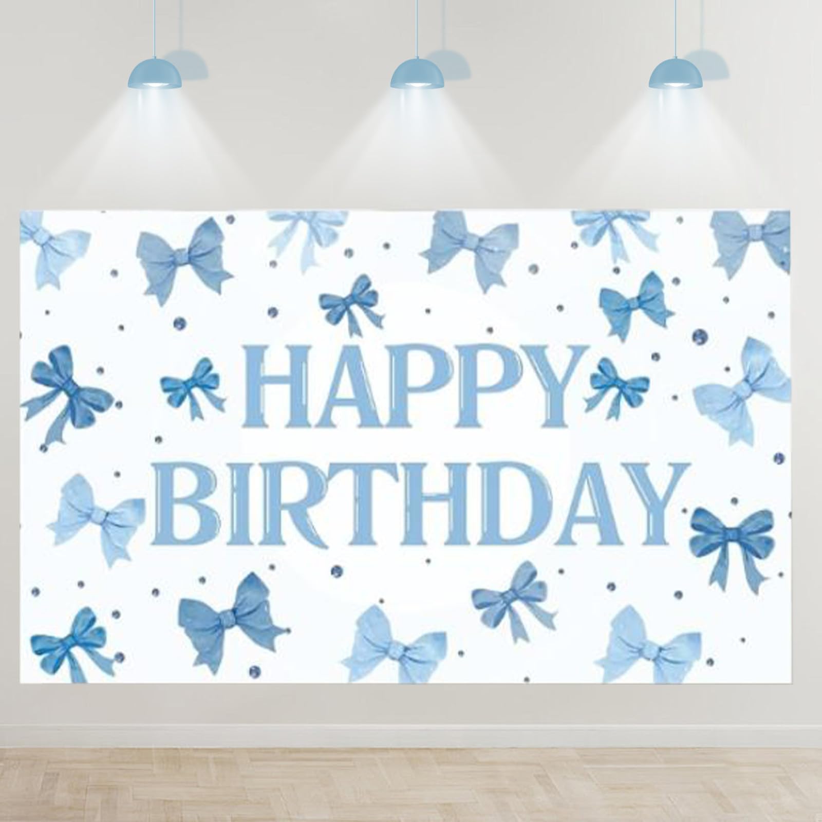 Blue Bow Happy Birthday Backdrop, Bow Happy Birthday Banner Decorations for Girls Women, Fabric Photo Background Sign for for Party Baby Shower Decor with 10m Hanging Rope, 180×110cm