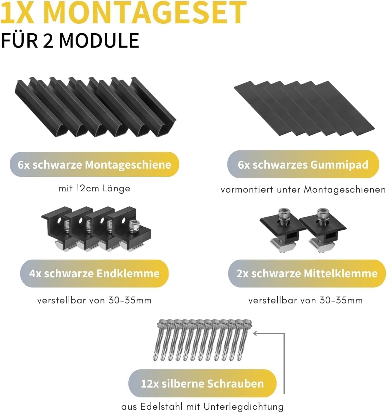 Avoltik Solarpanel Halterung Flachdach I Set für 2 Panele I Solarmodul Halterung Balkonkraftwerk I Flachdach Halterung für PV Module I Solarmodulbefestigungsset mit verstellbarer Endklemme von 30-35mm