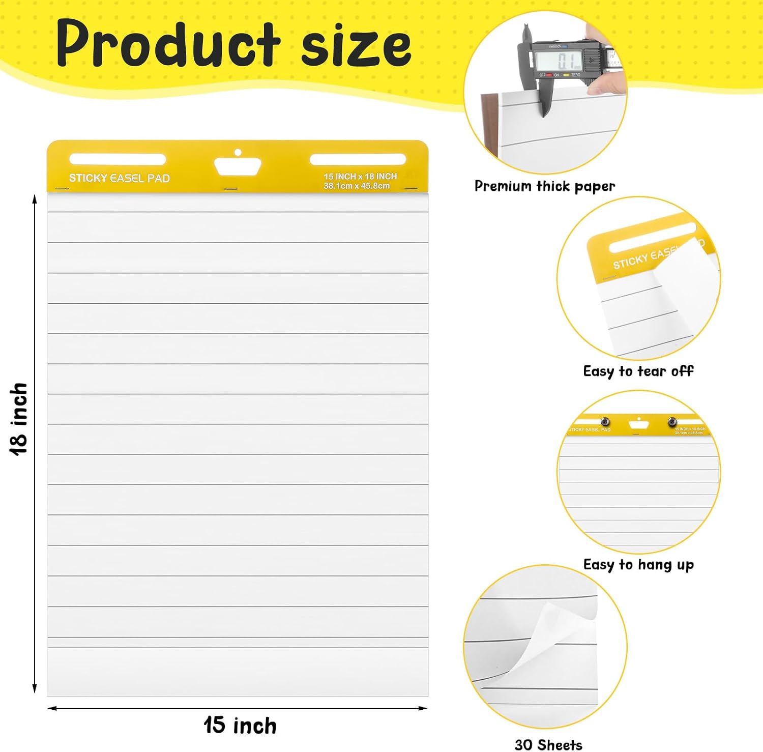 ReliThick 2 Pcs Pads Lined Sticky Easel Pad, 15 x 18 Inch, White, 30 Sheets/Pad, Flip Chart Paper Large Chart Paper Sticky for Wall, Self Stick Easel Pads for Office School Classroom
