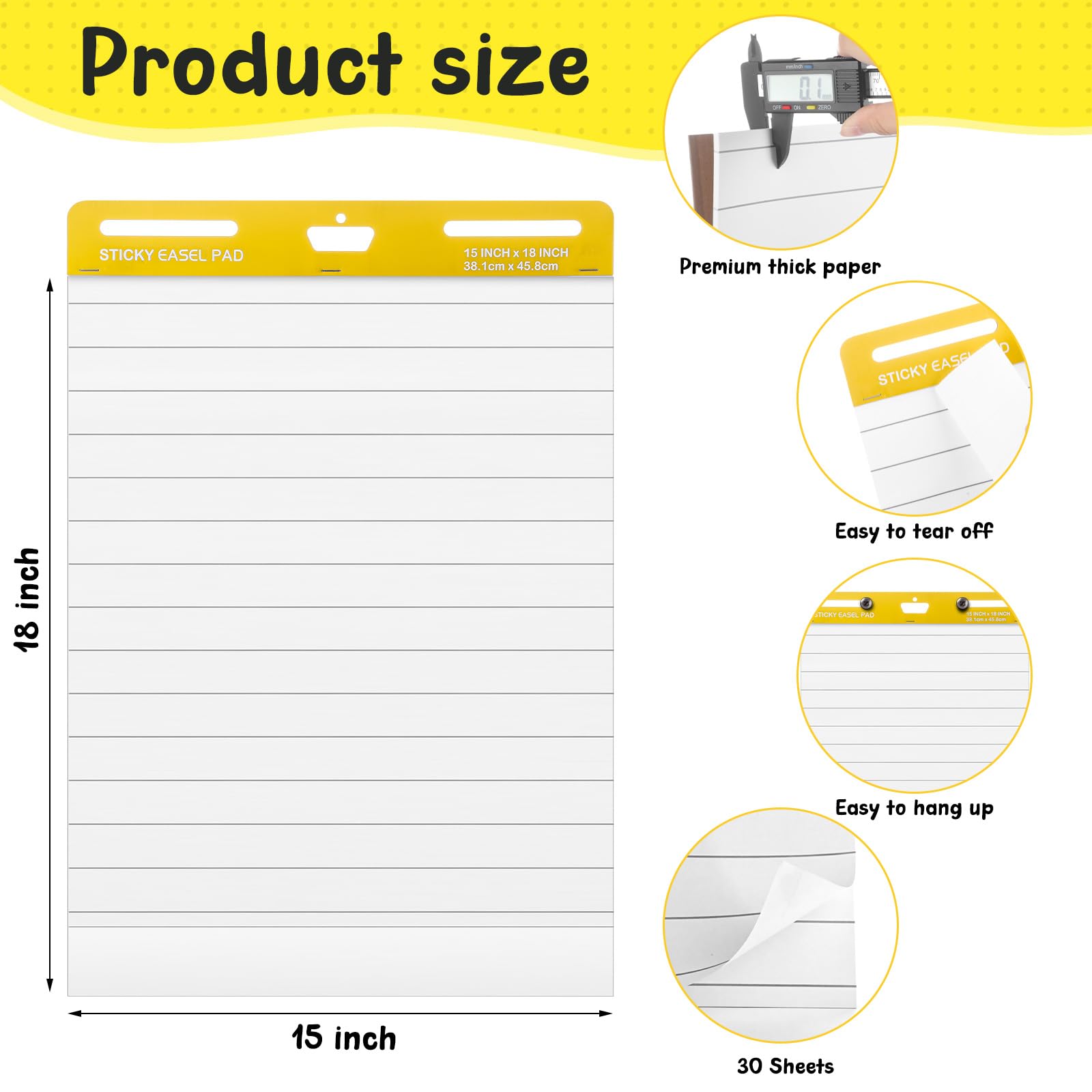 ReliThick 8 blocchi adesivi a righe, con cavalletto, 38,1 x 45,7 cm, bianco, 30 fogli/blocco, carta da disegno grande per parete, per ufficio, scuola, aula
