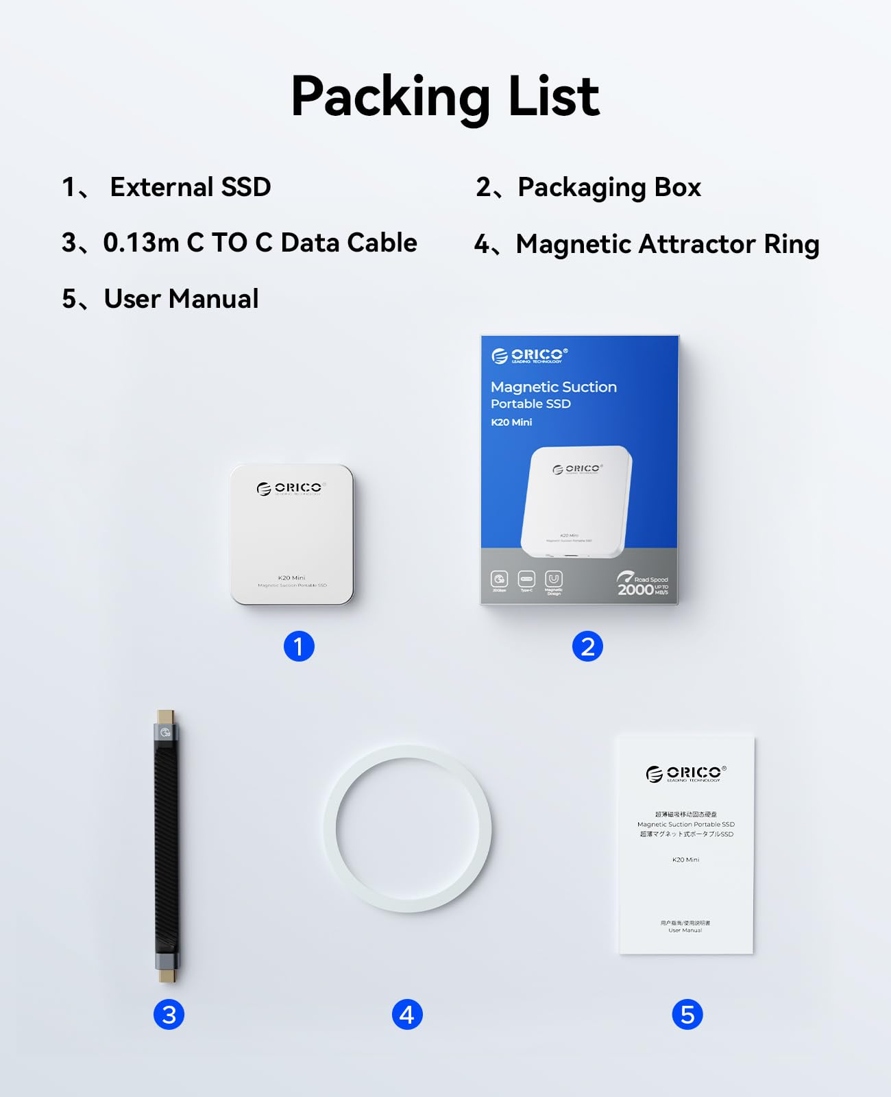 ORICO Ulepszony magnetyczny zewnętrzny dysk SSD 2 TB, stop aluminium, do 2000 MB/s, 4K 120 Hz ProRes HDR nagrywanie i przechowywanie, zewnętrzny dysk półprzewodnikowy, kompatybilny z iPhone 16 Pro Max