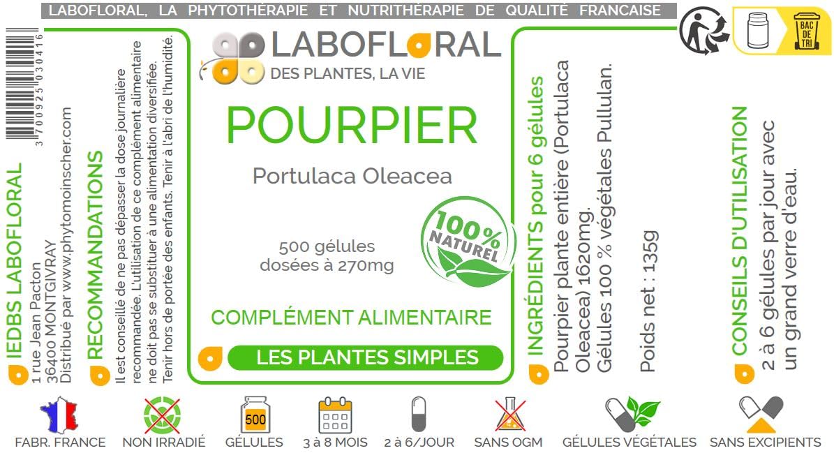 Pourpier Labofloral 500 gélules dosées à 250 mg - Complément alimentaire - Acides gras, oméga 3 et 6 - Fabriqué en France