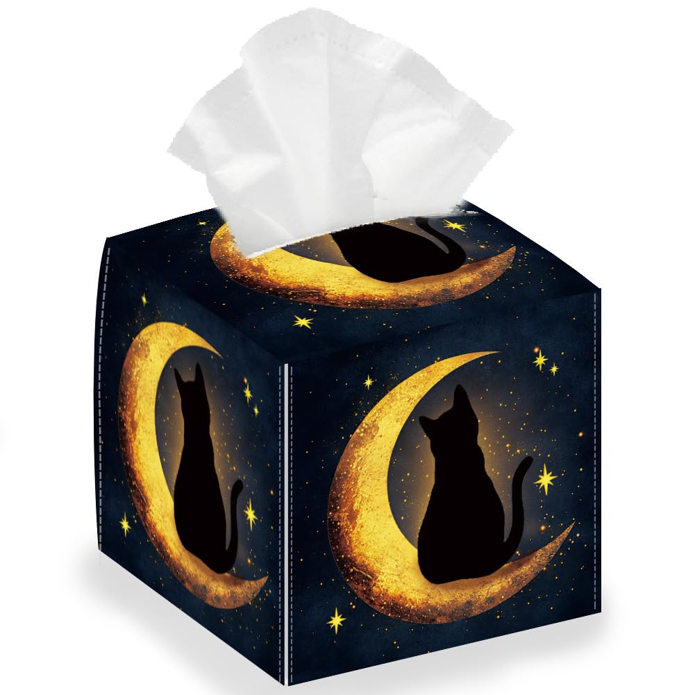 DELORIGIN Moon Cat Square Tissue Box Cover, Foldable Tissue Storage Box, Waterproof Paper Towel Case, Organizer, Black, PU Leather
