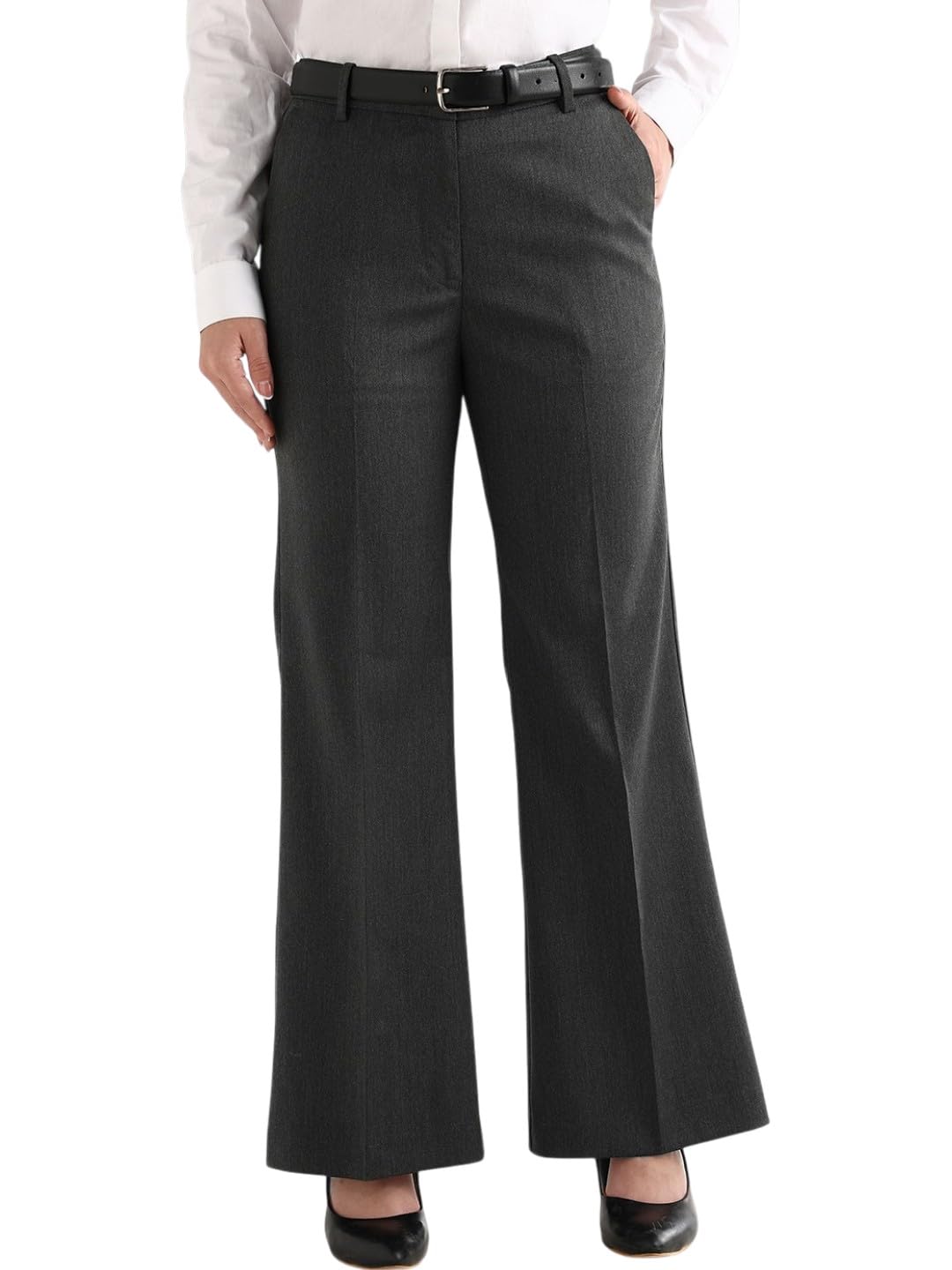 hancock Women Navy Blue Solid Wrinkle Ressistant Mid Rise Flared Trousers-picture-18