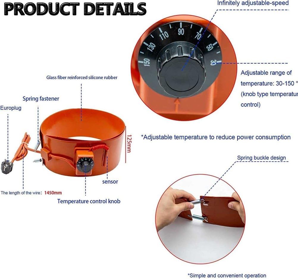 Almohadilla calefactora para bidones metálicos, cinta calefactora para bidones de aceite, calentador de caucho de silicona de 220 V/110 V con termostato giratorio ajustable para calentador de banda
