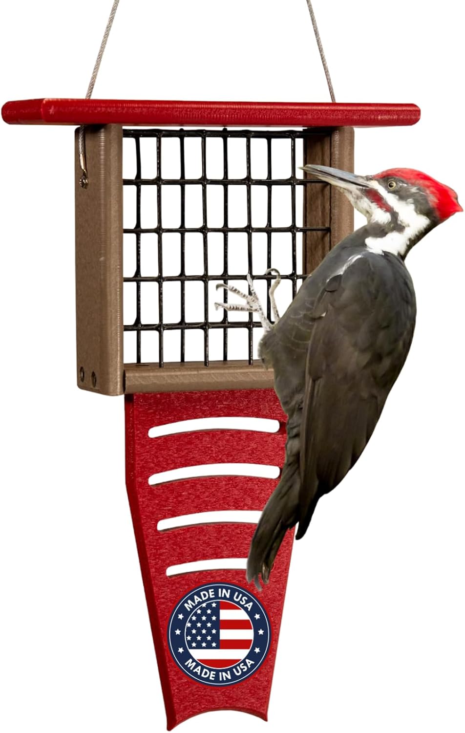 JCs Wildlife Red/Tan Recycled Poly Lumber Single Suet Feeder Tail Prop Bird Feeder - Holds 1 Suet Cake - Long Lasting Suet Cage Feeder