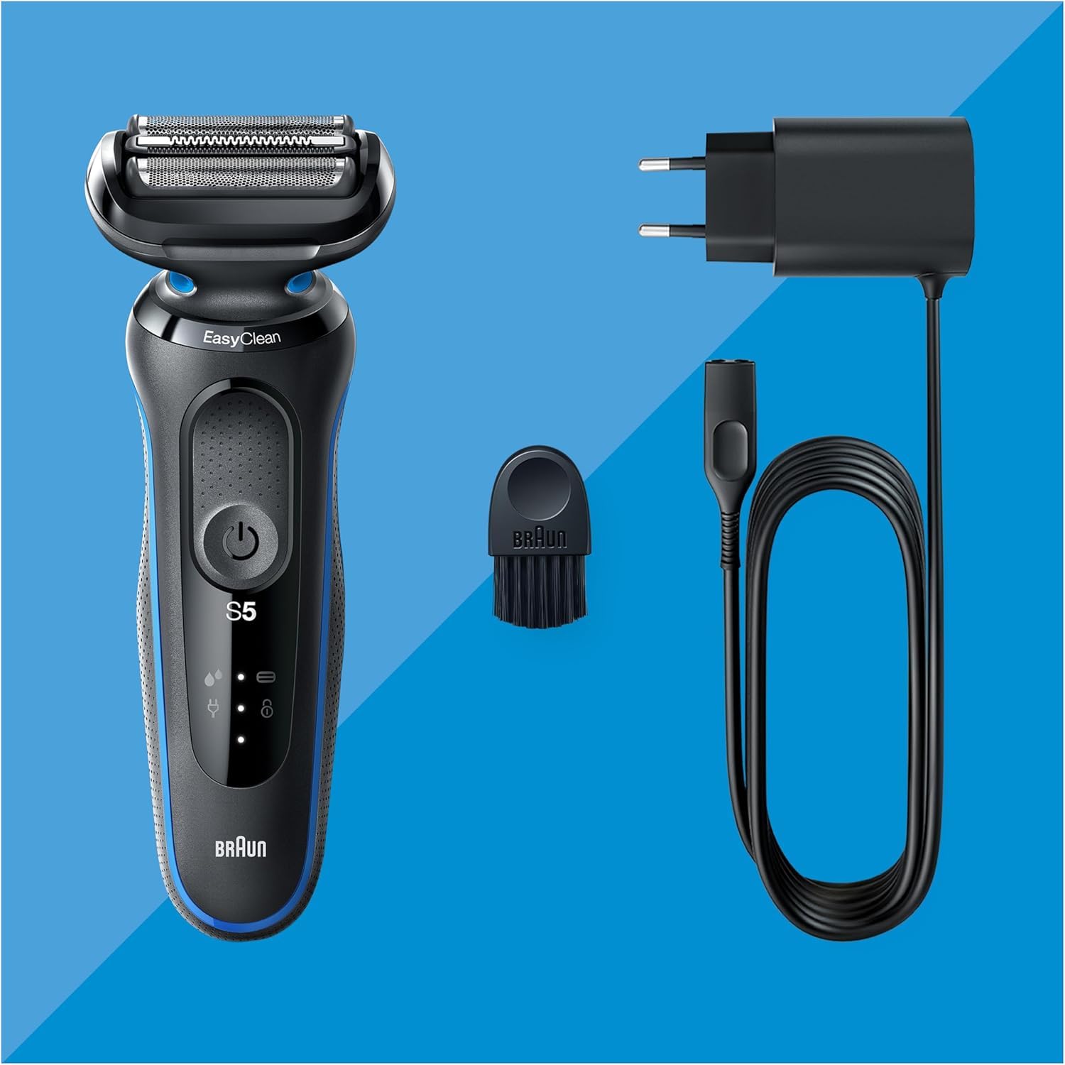 Braun Rasierer Herren Elektrisch Series 5, 51-B1000s, Blau - Kabelloser Elektrorasierer, Barttrimmer mit 50 Min. Akku, Wasserdicht, Made in Germany, Inkl. 1 Aufsatz