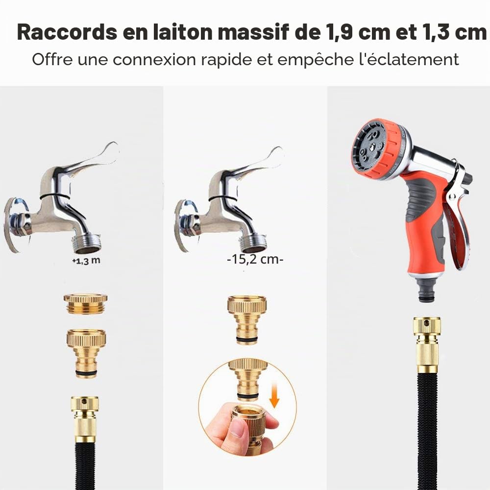 LUFENG Tuyau d’arrosage Extensible 150ft/45m, Tu yau Arrosage Rétractable à 9 Modes Pistolet d’arrosage avec Raccord en Laiton, T uya u d’eau pour Jardin Lavage de Voiture et Douches des Animaux