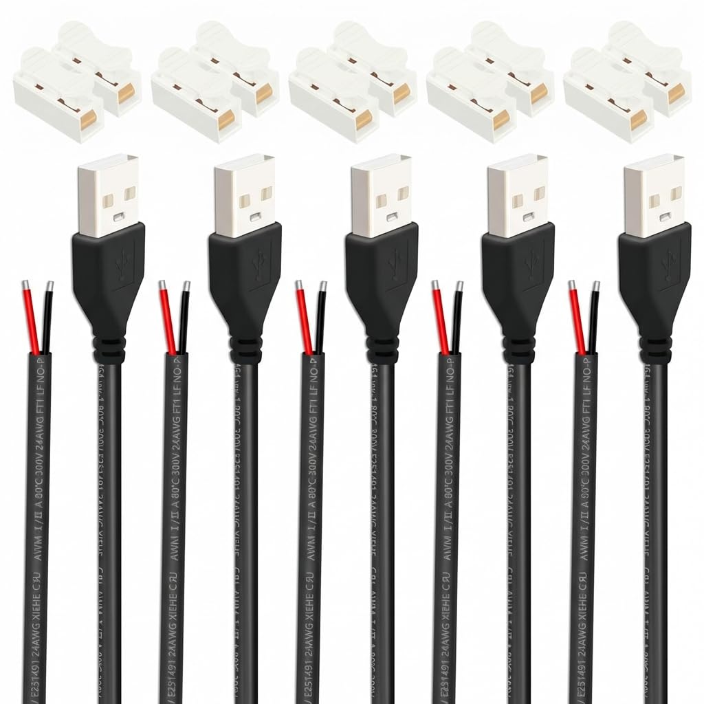 USB Pigtail Cable USB Power Cable Wire with Wire Connectors,1.64ft 24AWG 2A 5V,DIY Repair Kit,Bare Wire Open End,Pure Copper,Black,5-Pack