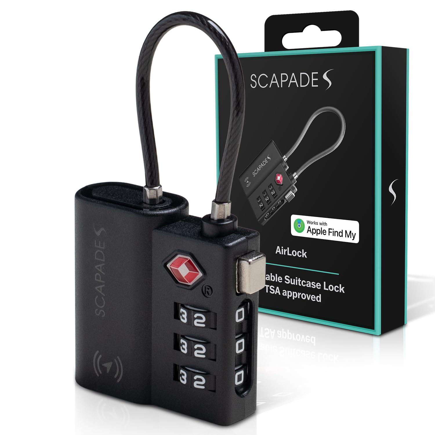 Scapade AirLock – Lucchetto intelligente per valigie approvato TSA con Apple Find My Tracking, batteria ricaricabile USB-C, lucchetto da viaggio ultra resistente per bagaglio a mano e bagaglio