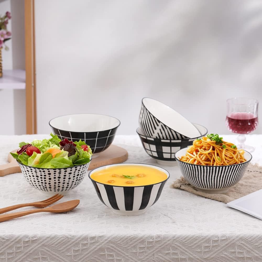 Ciotola Colazione Ciotole Ceramica Nere - Scodella Colazione Cucina 700 ml - Scodelle Porcellana per Insalata | Zuppa | Cereali | Poke | Riso - 15 cm - Adatto a Microonde e Lavastoviglie - Set di 6