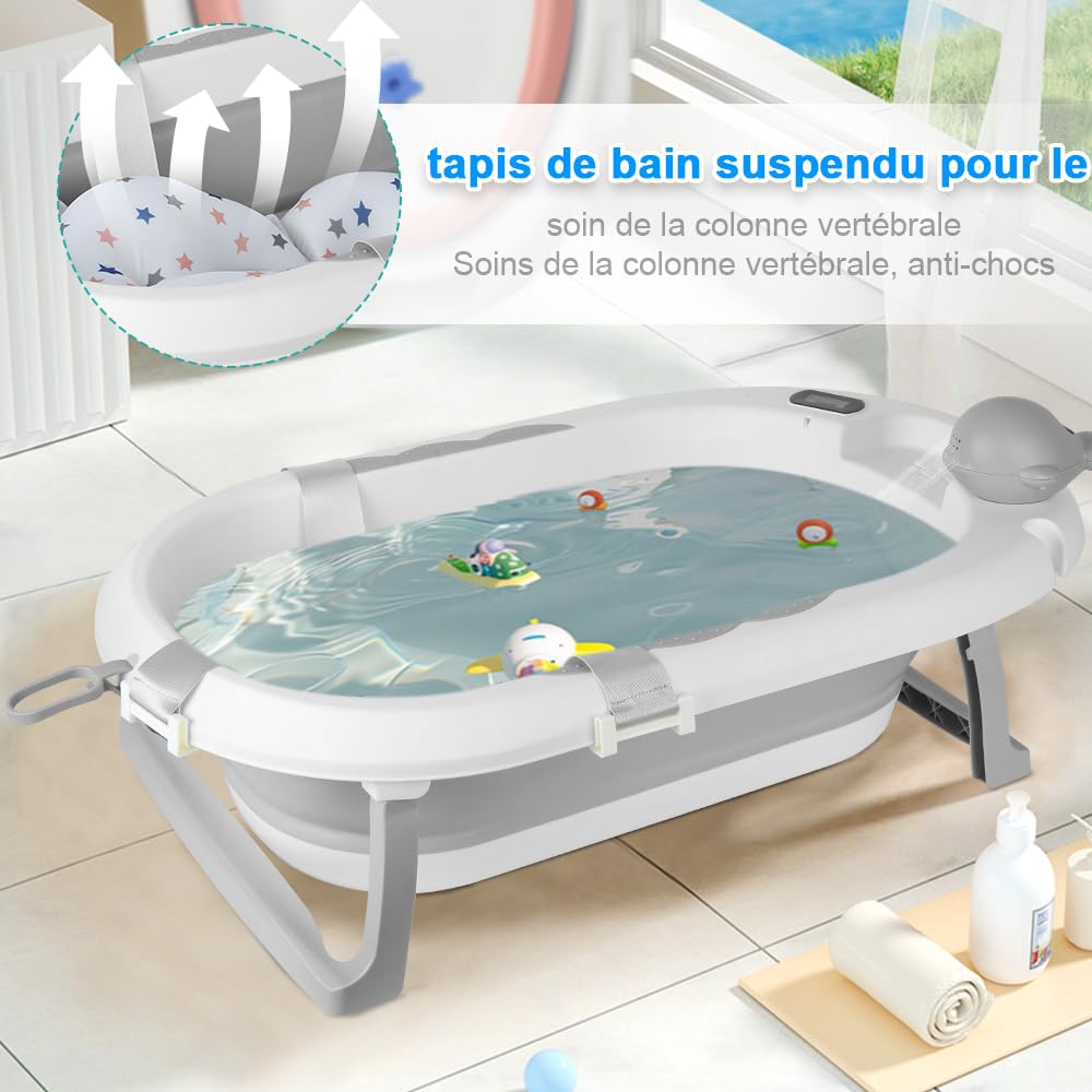 Homewell XXL - Bañera infantil plegable con cojín, termómetro de agua y enjuague para bebé, 82 x 42 x 22 cm (gris)