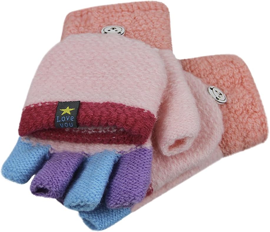 Cartoon Convertible Flip Top Gloves Toddler Kids Winter Wool Knit Fingerless Gloves with Mitten Cover for Girls Boys 2-15 Yrs - Image 5