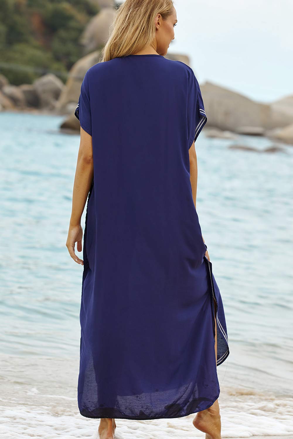 LikeJump dameskaftan, strandjurk, maxi pareo, om over bikini en badpak te dragen, Donker Blauw 1, Eén maat