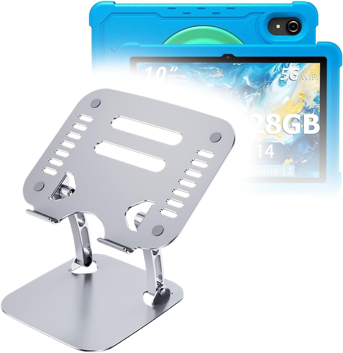 BoxWave Stand and Mount Compatible with HUIHUANG E10 Android 14 Tablet (10 in) - Executive VersaView Stand, Ergonomic Adjustable Viewing Angle Metallic Riser - Metallic Silver