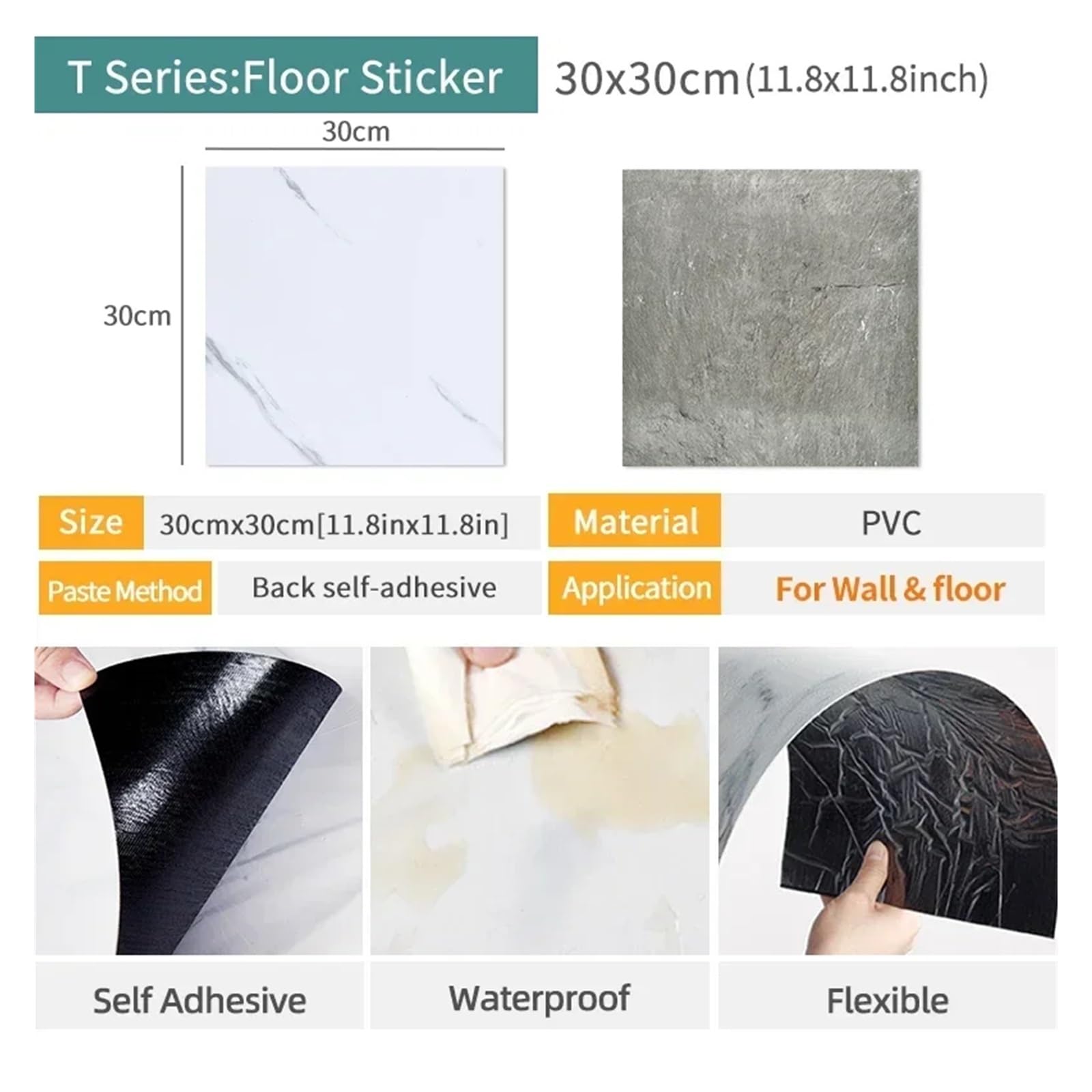 Pavimento Pvc Adesivo,Pellicole Adesive Per Mobili 40 adesivi for pavimenti in piastrelle finte impermeabili 30 * 30 cm, decorazioni murali autoadesive for bagno, soggiorno(T02-40pcs)