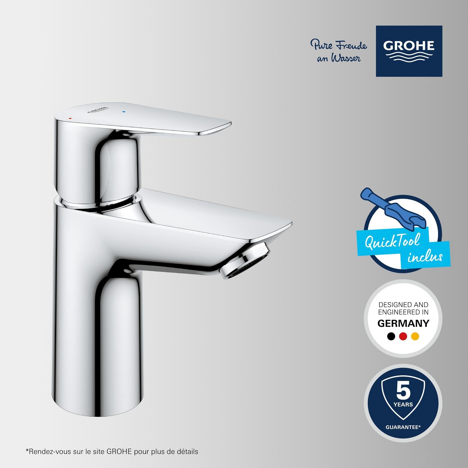 GROHE Robinet lavabo de salle de bains Start Edge, Mitigeur monocommande sans tirette de vidage, vidage clic clac inclus, mousseur économique d'eau, chromé, 23900001 (Import Allemagne)