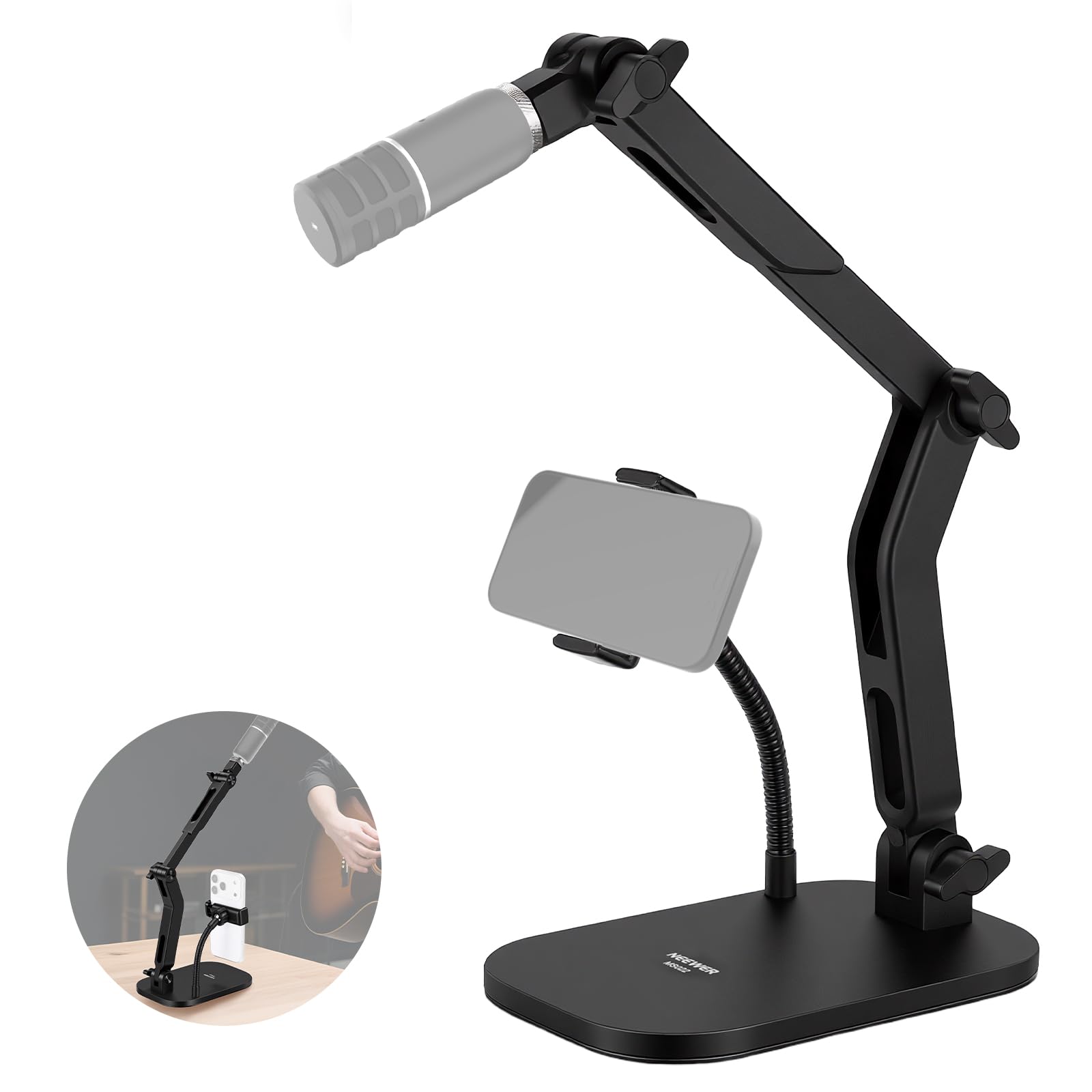 NEEWER Stojak na mikrofon biurkowy z zaciskiem telefonu i elastycznym ramieniem, regulowany uchwyt na mikrofon stołowy z adapterem śrubowym 1/10.2 cm do 5/20.3 cm kompatybilny z Blue Yeti Razer Seiren