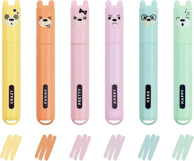 Legami Teddys Style Set of 6 Mini Highlighters, 1 x 7.5 cm, Yellow, Peach, Pink, Lilac, Light Blue, Light Green, for Precision Highlighting and Underlining