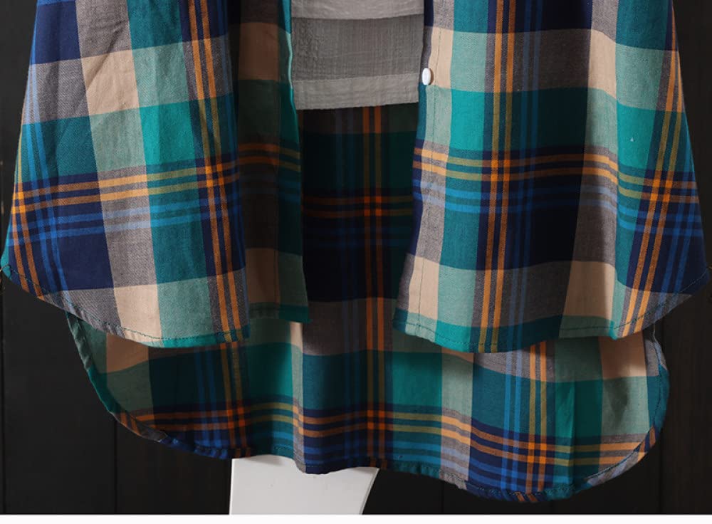 MIDJ Damen-Hemd Mit Knopfleiste,Damenmode Vintagekarierte Blusen Mittellanges Hemd Lange Ärmel Lässige Knopfhemdjacke Blaues Revers Holzfällerhemd Blusen Tunika Leichtes Jeans-Sweatshirt Für Mädchen