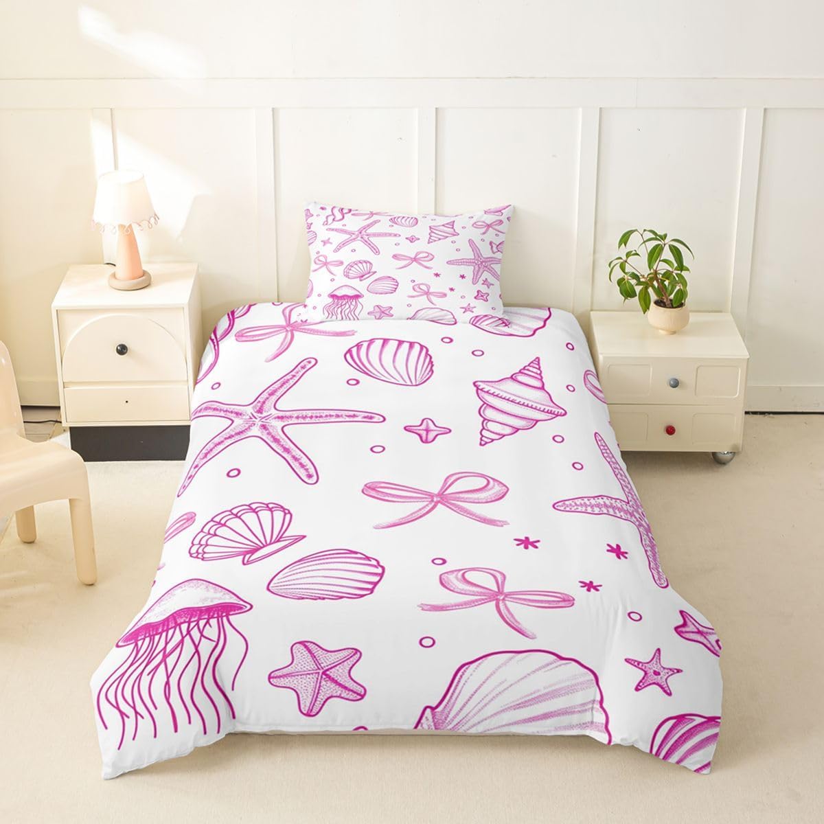 jejeloiu Pink Starfish Shell Duvet Cover Toddler Size Dreamy Princess Bow Bedding Set Breathable Soft Ocean Animals Comforter Cover 2Pcs Bedroom Decor