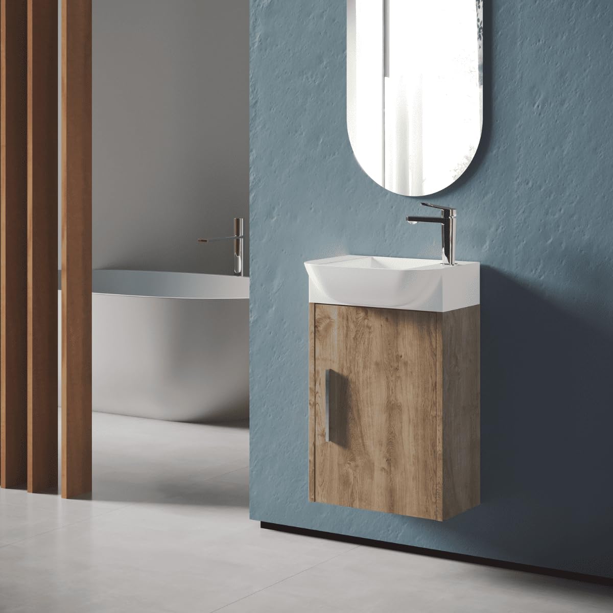 Mueble de Baño Suspendido Fondo Reducido con Lavabo Cerámico para Aseos | Mueble Volado 1 Puerta con Tirador | 45cm Roble Natural