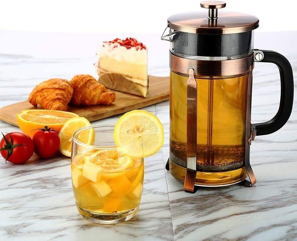 French Press Coffee Maker Glass 34oz, French Coffee Press with Handle and Non-Slip Base Precise Scale Easy to Clean Durable Heat Resistant, Copper