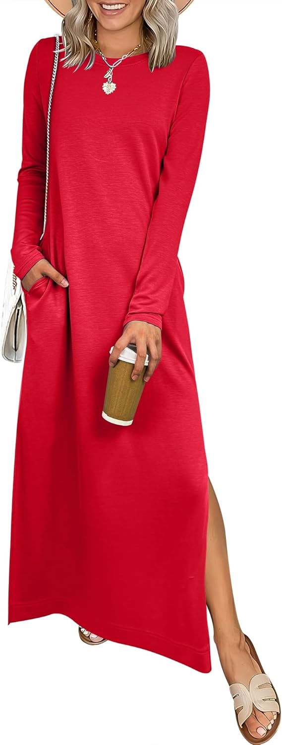 ANRABESS Women Long Sleeve Dresses 2025 Fall Casual Crewneck Loose Fit Split Flowy Wrinkle-Free Travel Vacation Maxi Dress