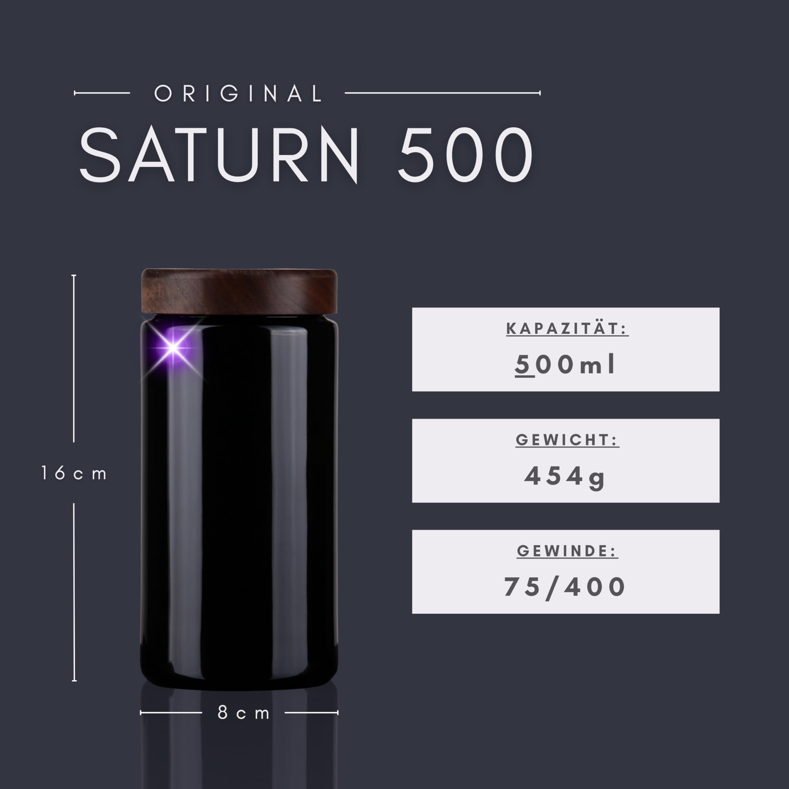 ANCEVIA edles Violettglas Vorratsglas 500 ml – 3er Set (75/400) luftdichte Vorratsdose mit Deckel | Miron Aufbewahrungsgläser, Glasbehälter mit Deckel für z.B. Nüsse & Kräuter (Nussbaum Holzdeckel)