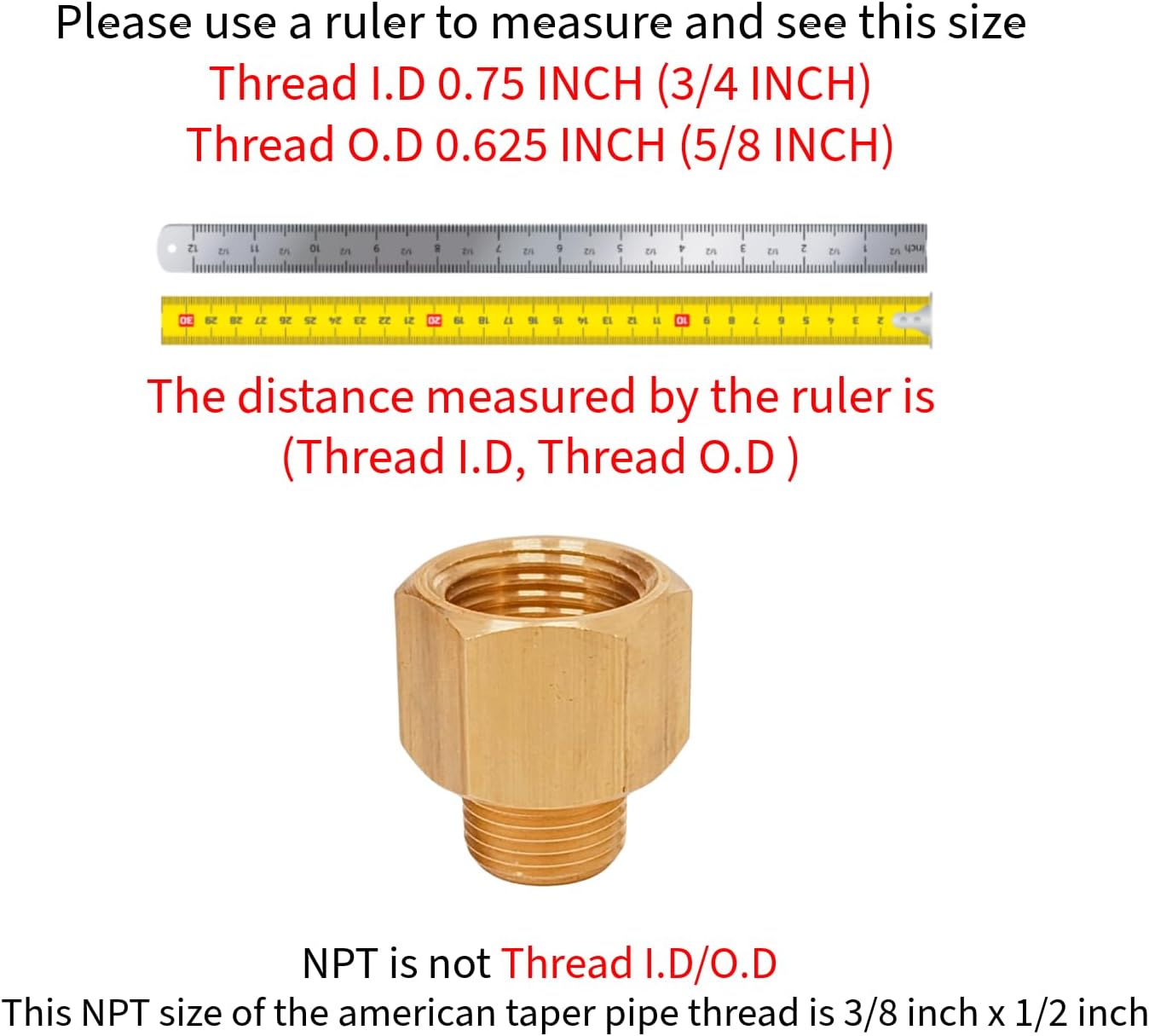 2 Pack Brass Pipe Fittings, 1/2" NPT Female to 3/8" NPT Male Reducer Adapter, Solid Brass Pipe Extension Connectors, Thread inner diameter from 3/4 inch to 5/8 inch outer diameter