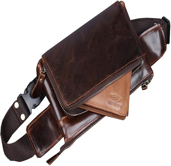 Hebetag Leather Waist Pack Fanny Bag for Men Women Outdoor Travel Sports Running Walking Hiking Hip Bum Belt Slim Cell Phone Purse Casual Waist Wallet Pouch (#01Coffee(Oil Wax Leather))